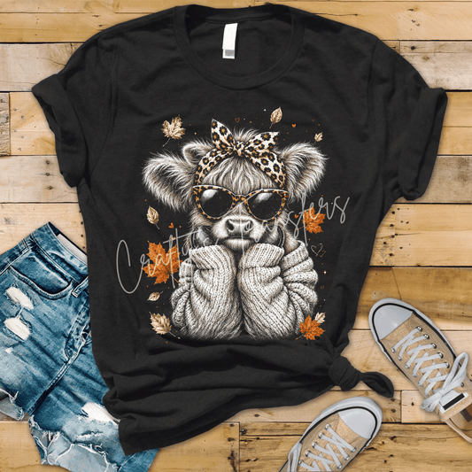 Fall Highland Cow DTF Transfer – Cute Cozy Cow with Leopard Bow, Sunglasses & Autumn Leaves