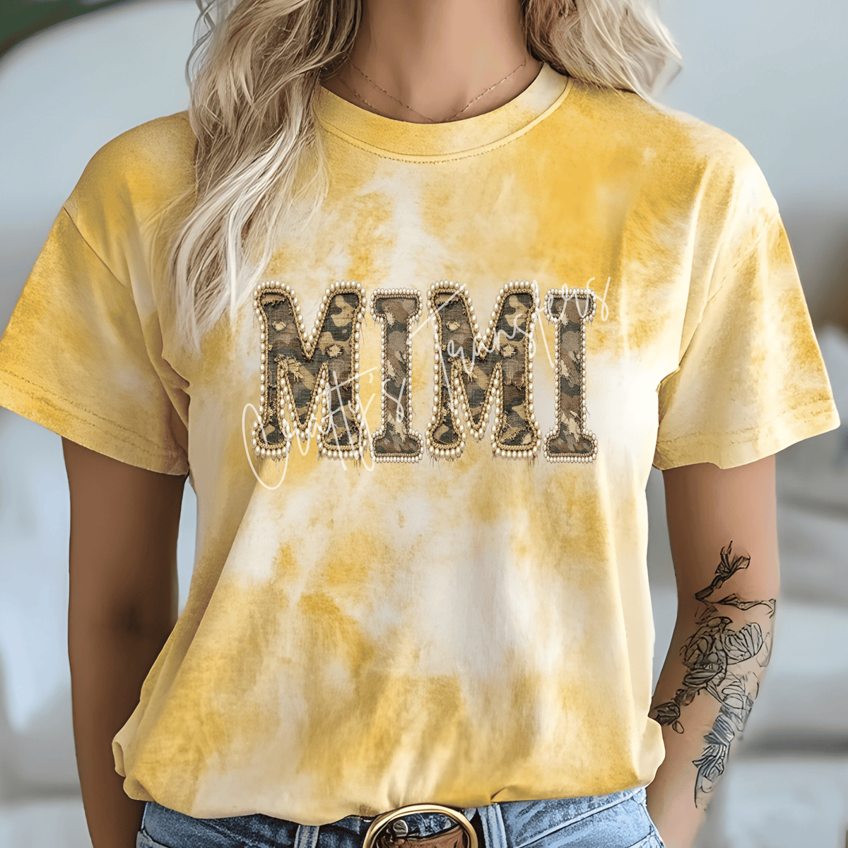Mimi | Savage Camo DTF Transfer – Distressed Camouflage Pearl Letter Shirt Design