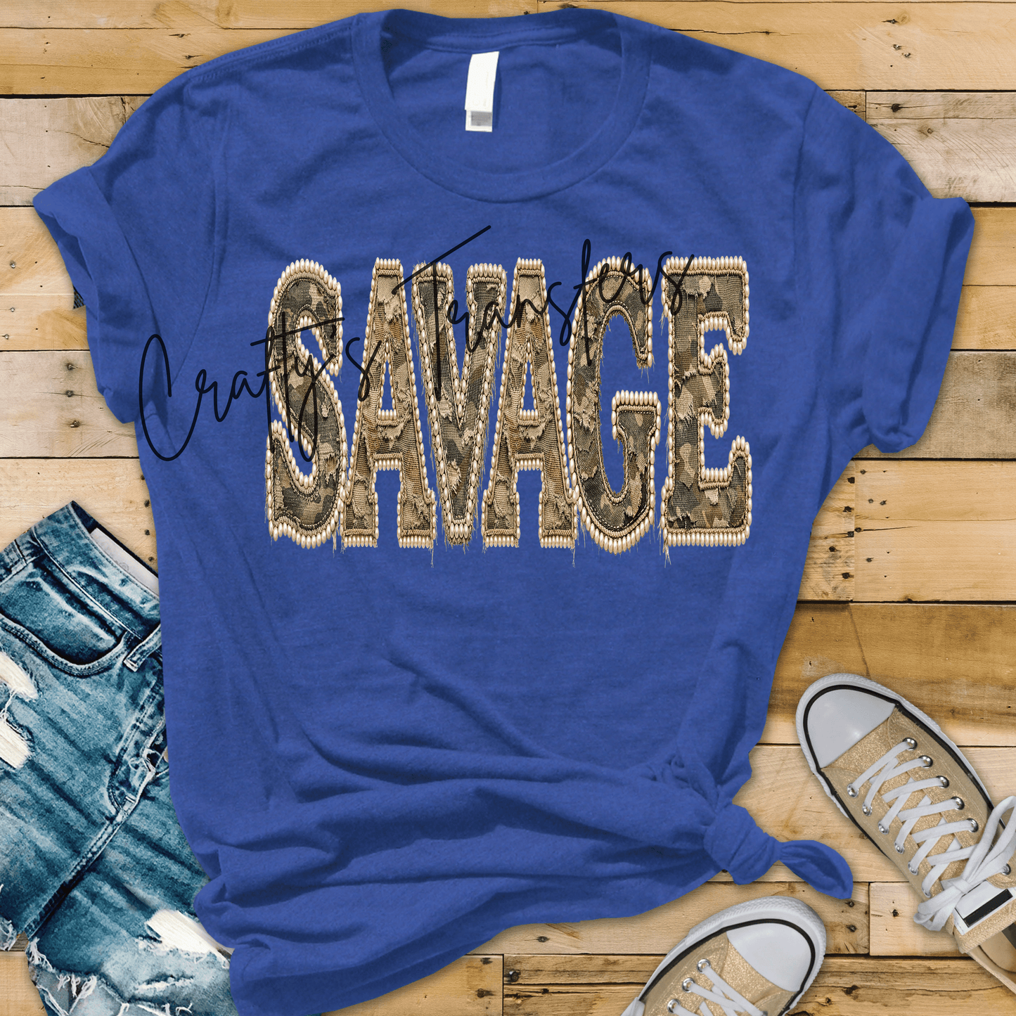 Mimi | Savage Camo DTF Transfer – Distressed Camouflage Pearl Letter Shirt Design