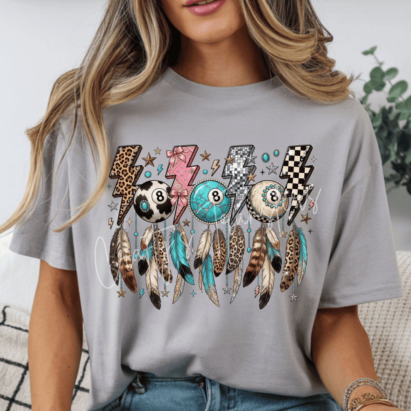 Western Boho 8 Ball DTF Transfer – Turquoise Feathers, Leopard Print & Lightning Bolt Shirt Design