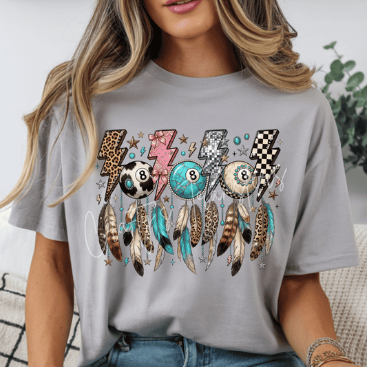 Western Boho 8 Ball DTF Transfer – Turquoise Feathers, Leopard Print & Lightning Bolt Shirt Design
