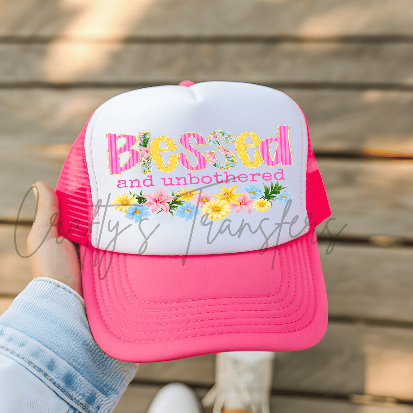 Blessed and Unbothered DTF Hat Transfer – Colorful Floral Trucker Hat Transfer
