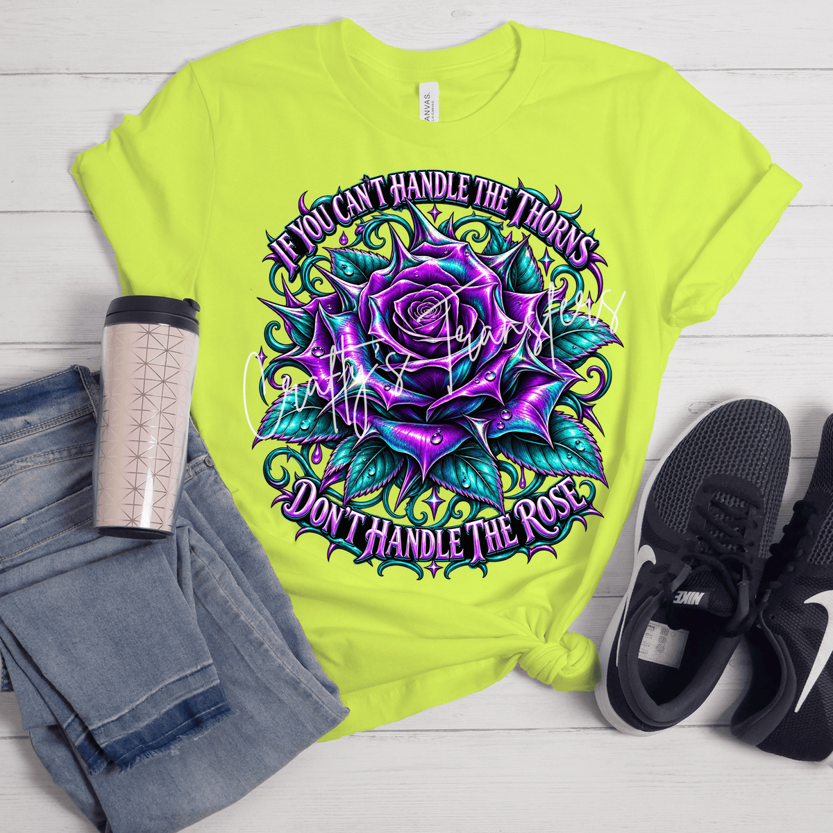 Don’t Handle the Rose If You Can’t Handle the Thorns DTF Transfer – Purple Teal Gothic Rose Shirt Design
