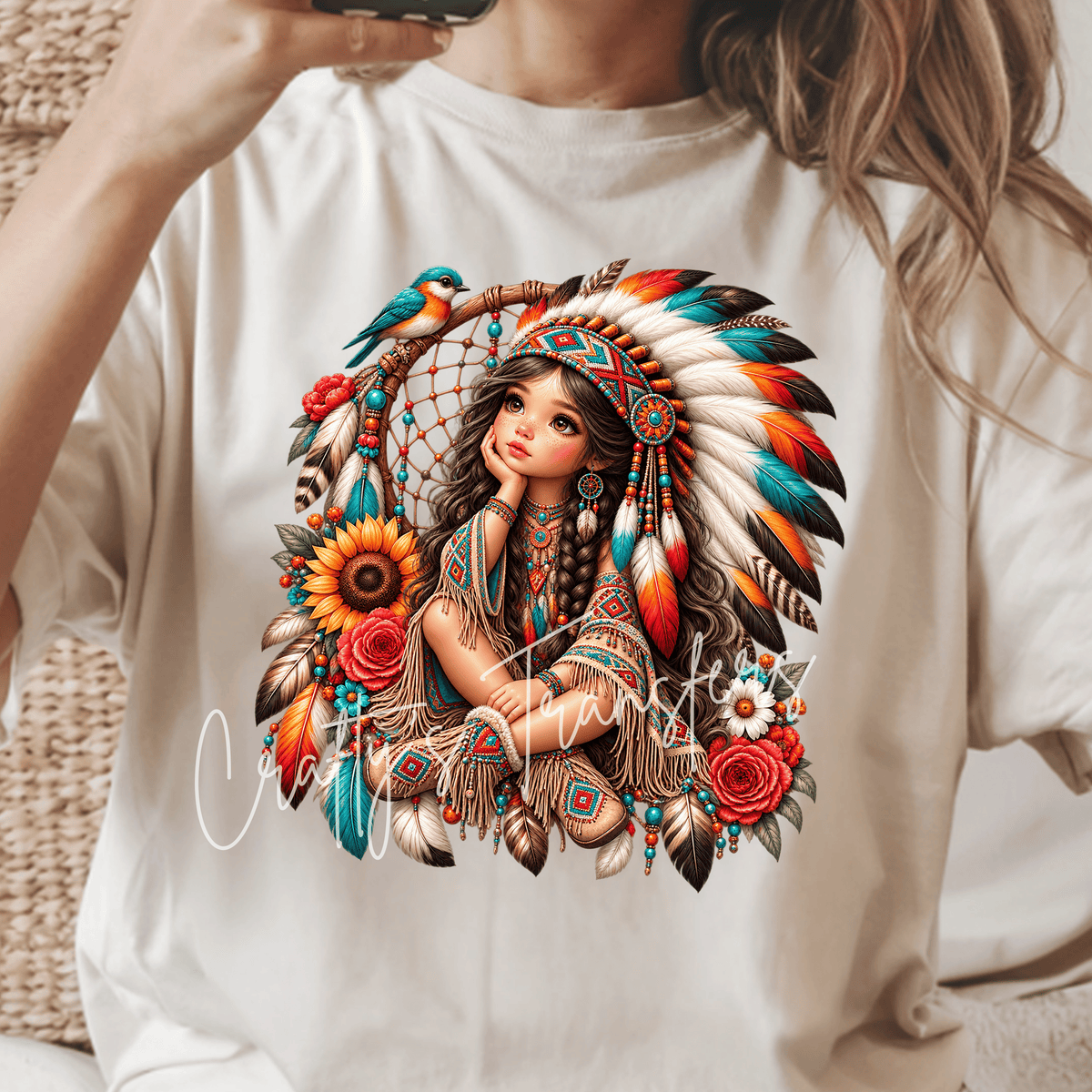 Boho Native-Inspired Girl DTF Transfer – Colorful Feather Headdress, Dreamcatcher & Floral Shirt Design