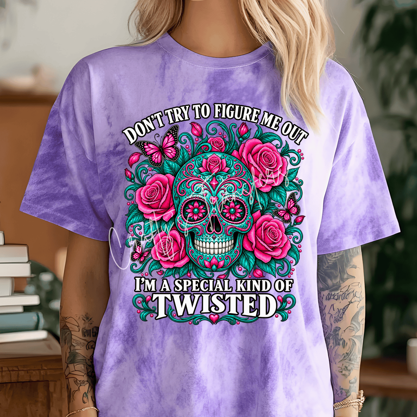 Special Kind of Twisted DTF Transfer – Pink & Teal Sugar Skull with Roses and Butterflies