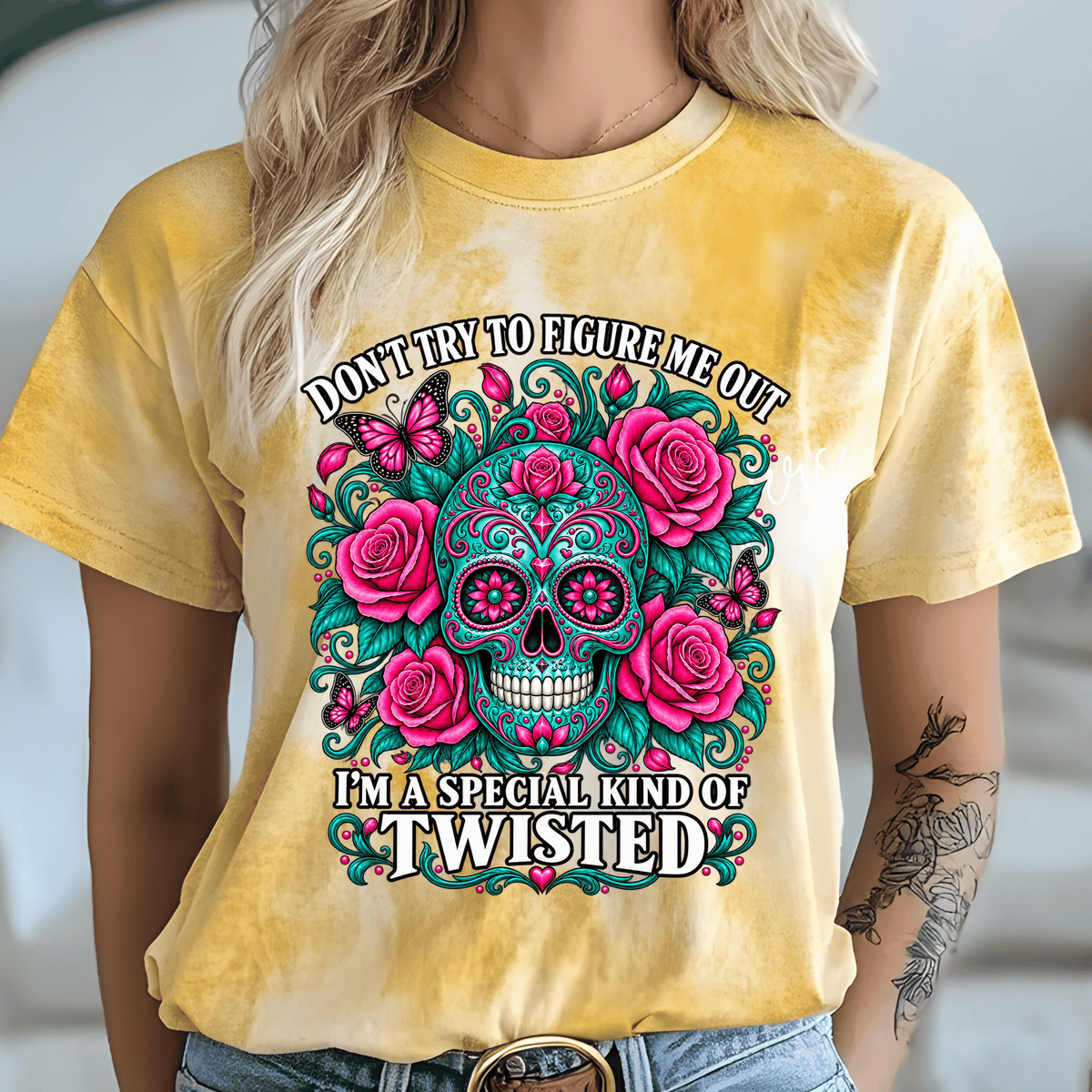 Special Kind of Twisted DTF Transfer – Pink & Teal Sugar Skull with Roses and Butterflies