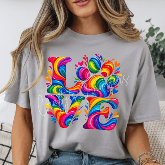 Rainbow LOVE DTF Transfer – Colorful Swirl Heart Graphic – Bright Retro Shirt Transfer