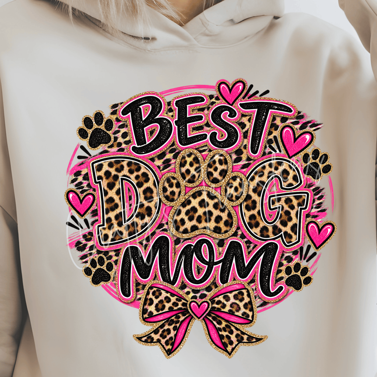 Best Dog Mom DTF Transfer – Leopard Print Paw & Bow Design – Pink Animal Print Shirt Transfer