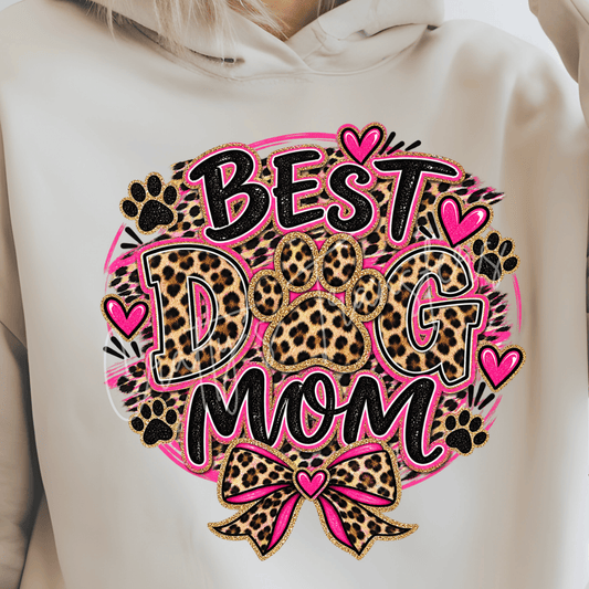 Best Dog Mom DTF Transfer – Leopard Print Paw & Bow Design – Pink Animal Print Shirt Transfer