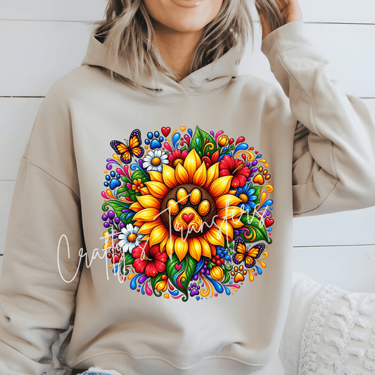 Sunflower Dog Paw DTF Transfer – Colorful Floral Paw Print Design – Dog Lover Shirt Transfer
