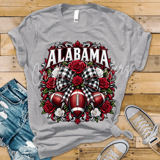 Alabama Football DTF Transfer – Crimson Roses & Gingham Bow Game Day Shirt Transfer
