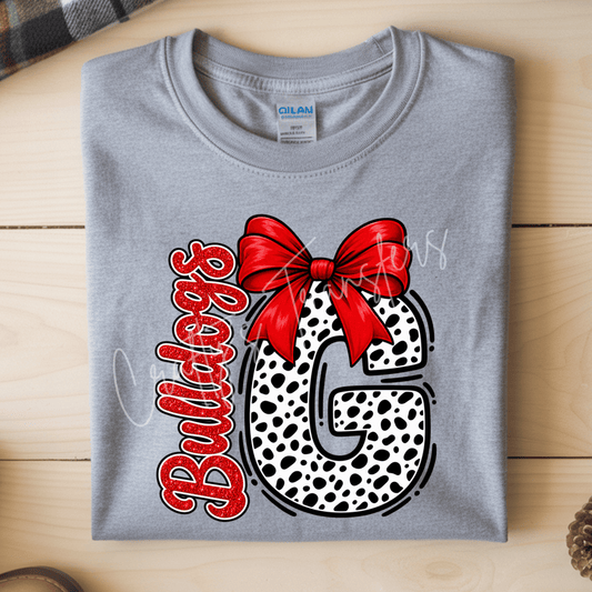 Bulldogs Game Day DTF Transfer – Red Bow Spotted G Design – Football Spirit Shirt Transfer