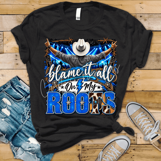 Western Country Concert DTF Transfer – Blue Glitter Cowboy Boots & Guitar Shirt Design