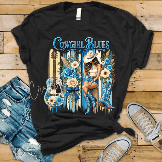 Cowgirl Blues DTF Transfer – Blue Western Cowgirl Guitar Floral Shirt Transfer