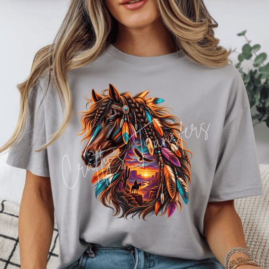 Boho Horse DTF Transfer – Colorful Western Desert Horse & Feather Shirt Transfer