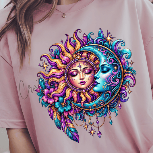Celestial Sun and Moon DTF Transfer – Colorful Boho Cosmic Floral Shirt Transfer