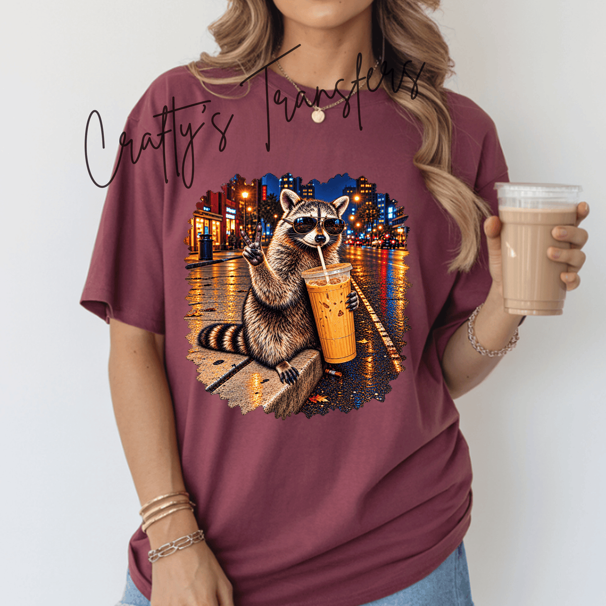 Raccoon Iced Coffee DTF Transfer | Funny City Raccoon Shirt Transfer