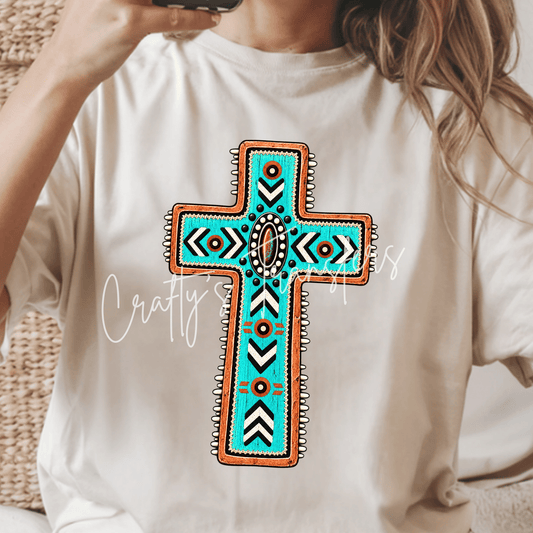 Western Turquoise Cross DTF Transfer | Aztec Southwestern Faith Shirt Transfer