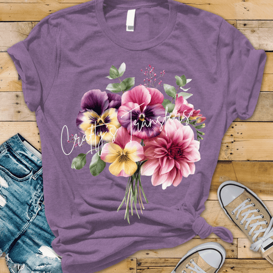 Pink Purple Floral Bouquet DTF Transfer | Pansy Dahlia Botanical Shirt Transfer