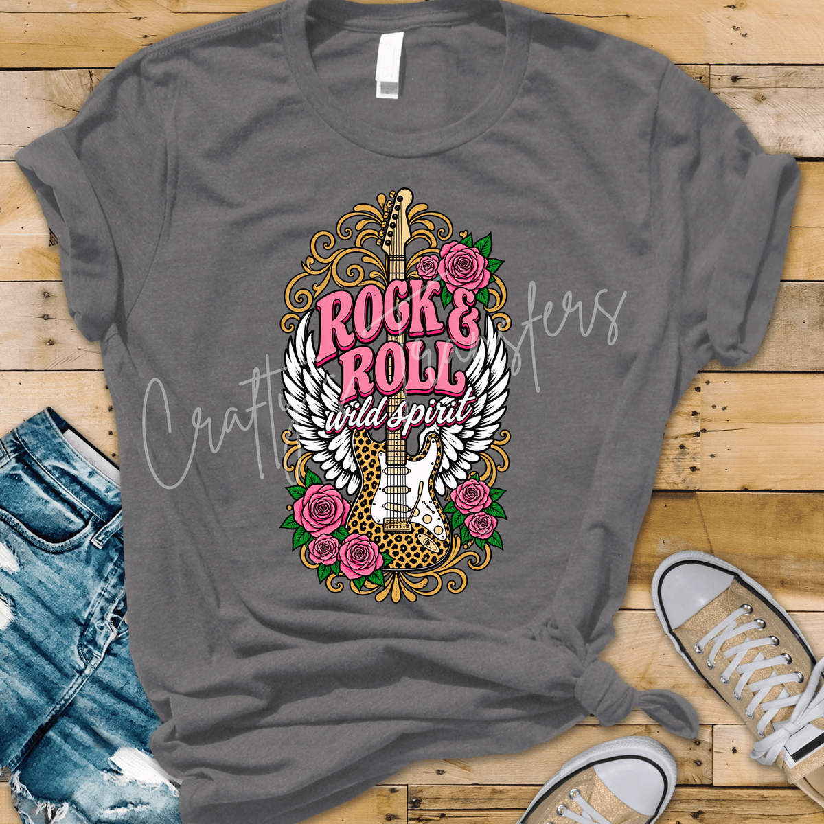 Rock and Roll Wild Spirit DTF Transfer – Pink Leopard Guitar Shirt Design – Retro Music Lover DTF
