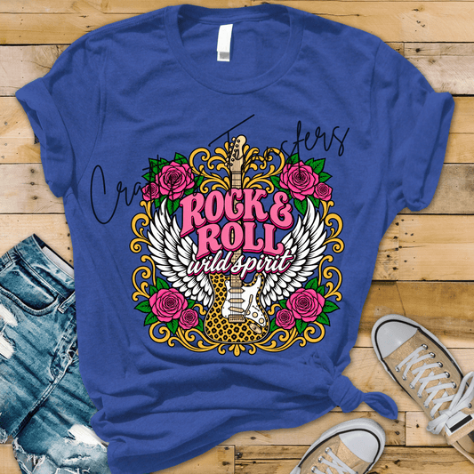 Rock & Roll Wild Spirit DTF Transfer | Leopard Guitar Wings Floral Shirt Transfer