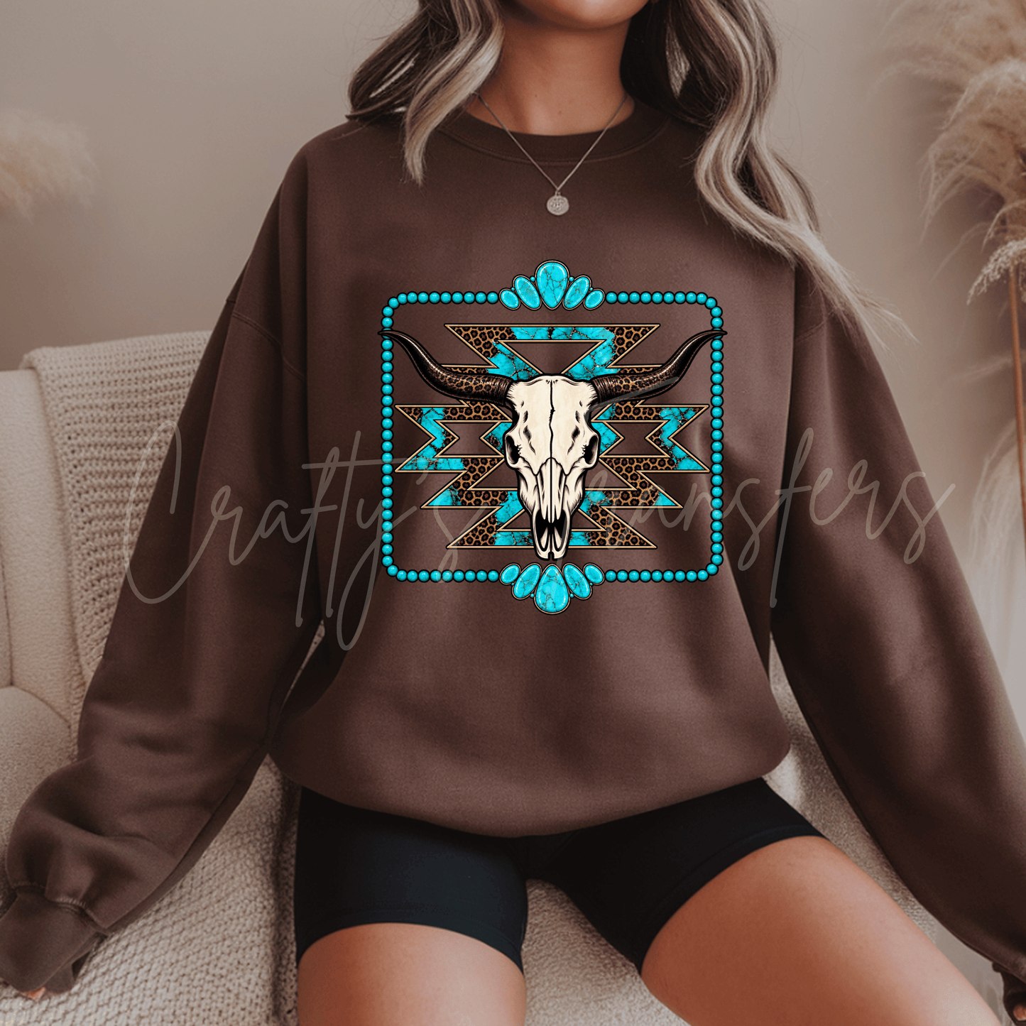 Western Longhorn Skull DTF Transfer – Turquoise Leopard Aztec Cow Skull Shirt Design