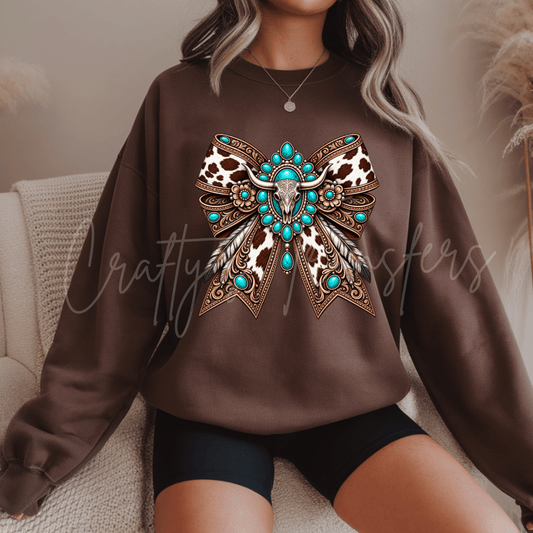 Western Cow Skull Bow DTF Transfer – Turquoise Cow Print Cowgirl Shirt Design