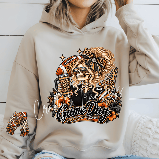 Skelly Girl Game Day DTF Transfer – Leopard Football Skeleton Graphic