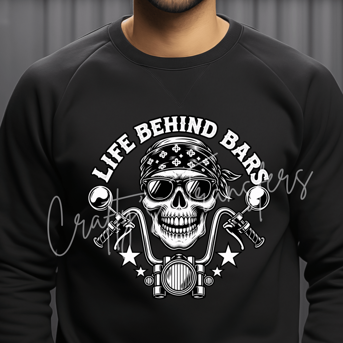 Life Behind Bars Skeleton Biker DTF Transfer – Motorcycle Skull Graphic