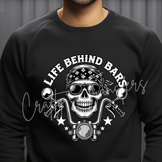 Life Behind Bars Skeleton Biker DTF Transfer – Motorcycle Skull Graphic
