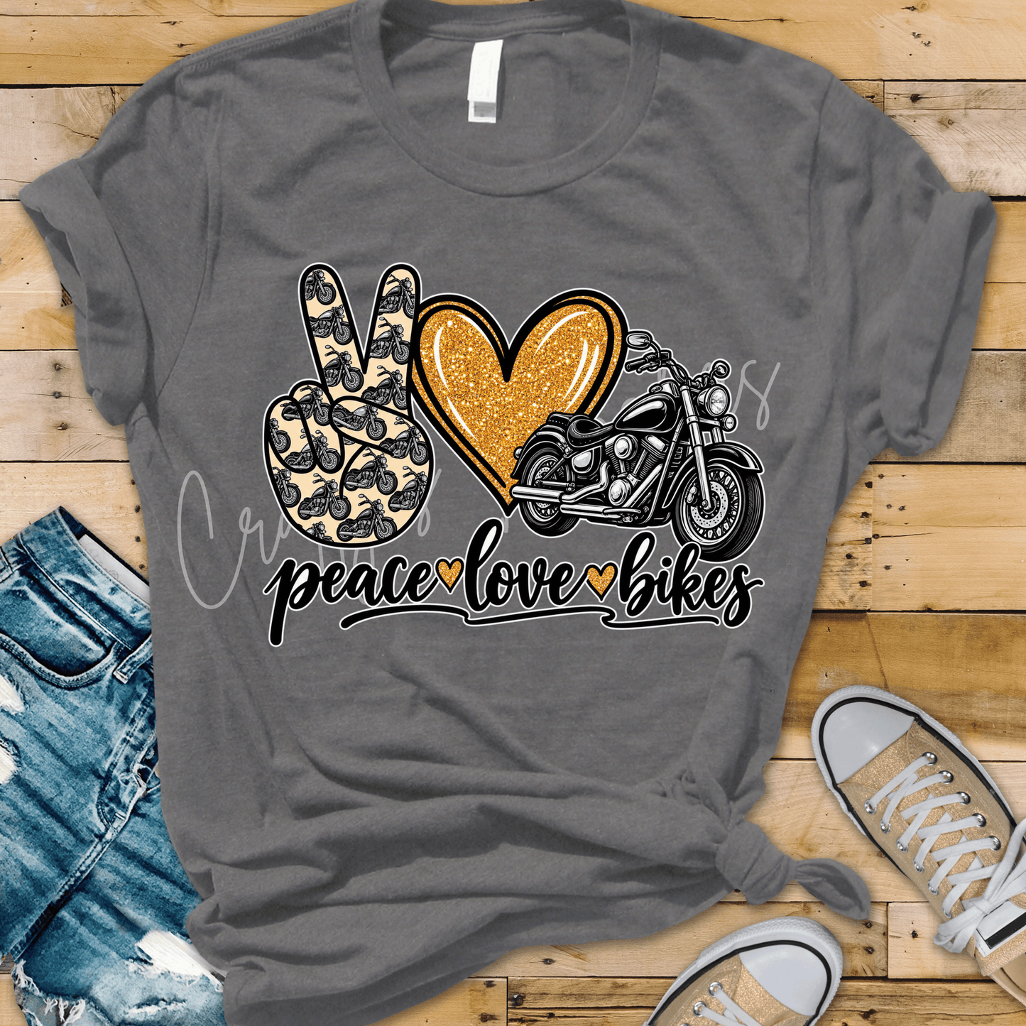 Peace Love Bikes DTF Transfer – Motorcycle Peace Sign Gold Heart Biker Graphic