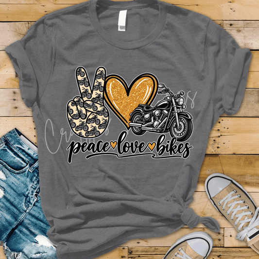 Peace Love Bikes DTF Transfer – Motorcycle Peace Sign Gold Heart Biker Graphic