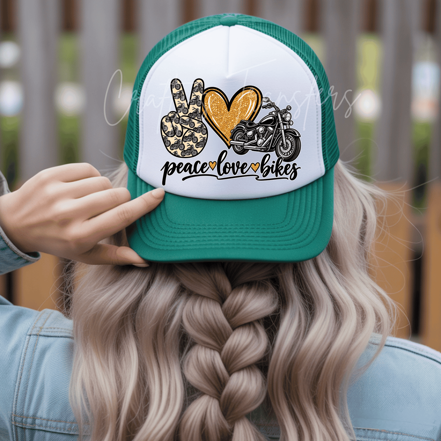 Peace Love Bikes DTF Transfer – Motorcycle Peace Sign Gold Heart Biker Graphic