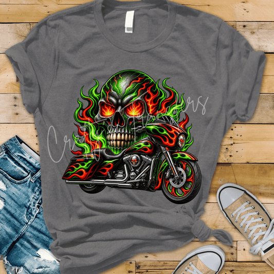 Flaming Skull Motorcycle DTF Transfer – Green & Red Biker Skull Graphic