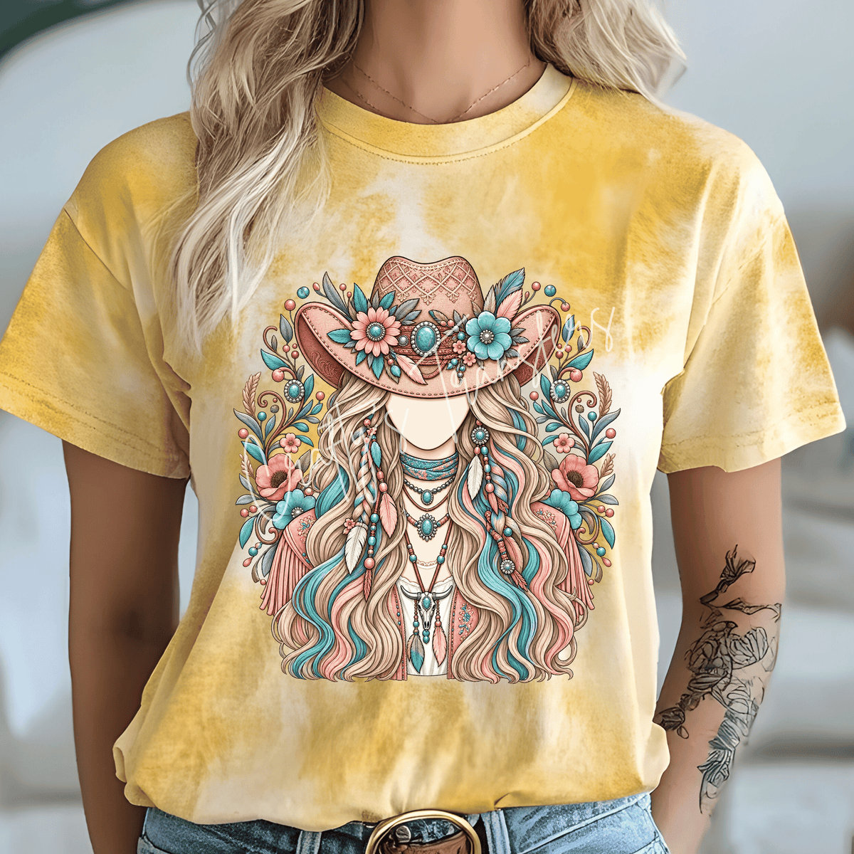 Faceless Boho Cowgirl DTF Transfer | Turquoise & Pink Western Girl Graphic | Floral Cowboy Hat Heat Transfer | Boutique Western Shirt Design