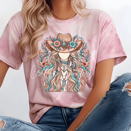 Faceless Boho Cowgirl DTF Transfer | Turquoise & Pink Western Girl Graphic | Floral Cowboy Hat Heat Transfer | Boutique Western Shirt Design