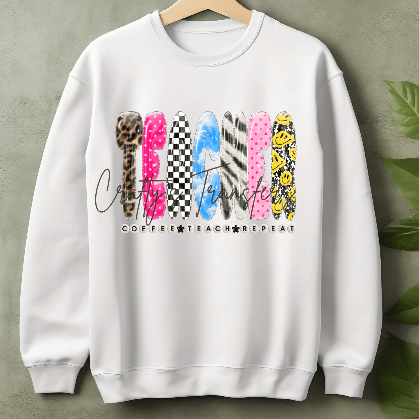 Teacher Coffee Teach Repeat DTF Transfer – Colorful Trendy Teacher Graphic – School Shirt Design