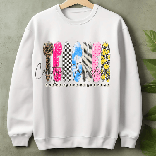 Teacher Coffee Teach Repeat DTF Transfer – Colorful Trendy Teacher Graphic – School Shirt Design