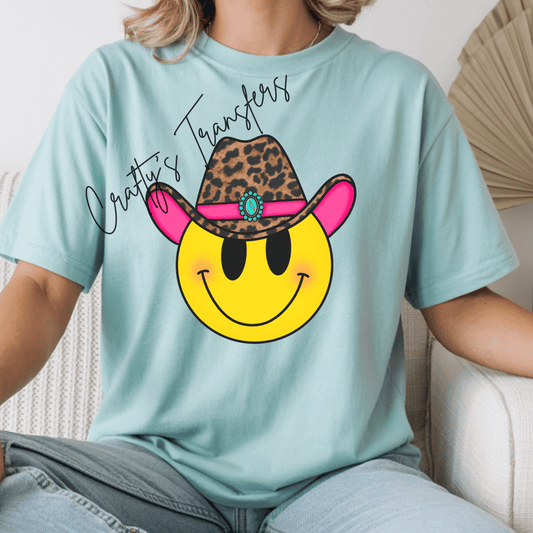 Cowgirl Smiley Face DTF Transfer – Leopard Cowboy Hat with Pink & Turquoise Western Graphic