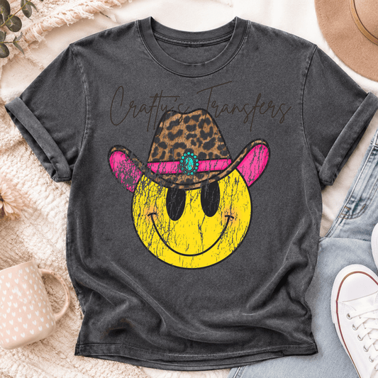 Grunge Cowgirl Smiley Face DTF Transfer – Leopard Cowboy Hat Graphic – Hot Pink Western Retro Design