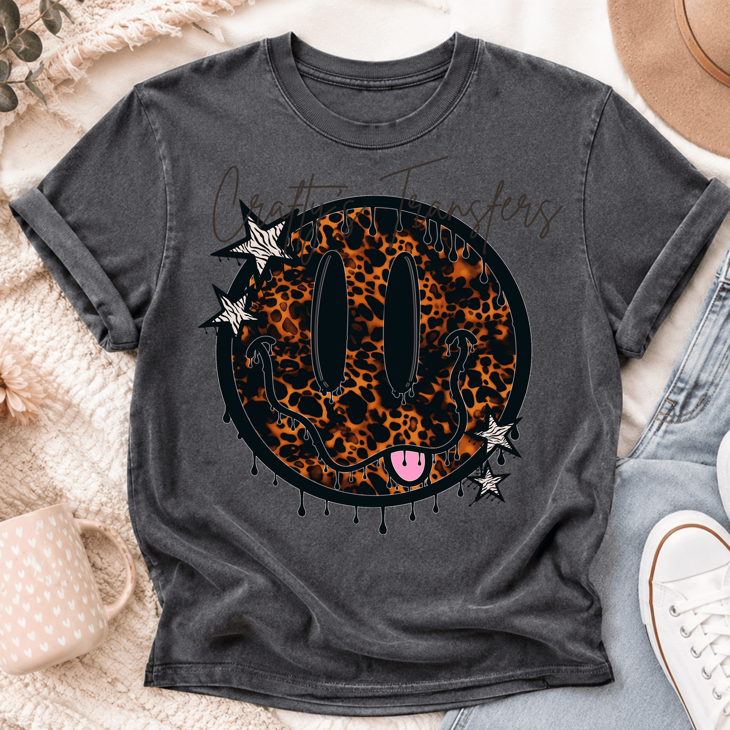 Leopard Smiley Face DTF Transfer – Dripping Animal Print Happy Face – Retro Grunge Graphic