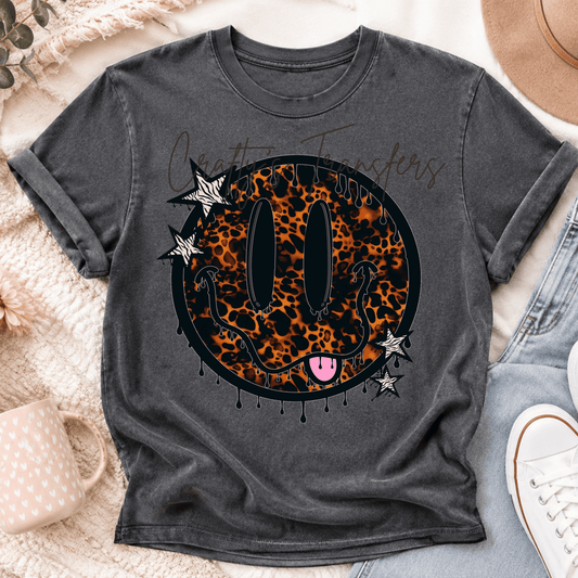 Leopard Smiley Face DTF Transfer – Dripping Animal Print Happy Face – Retro Grunge Graphic