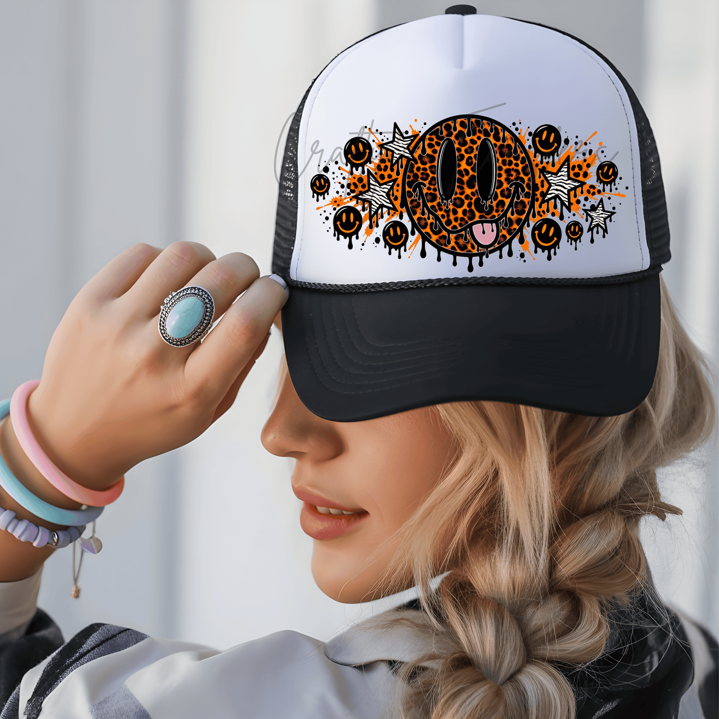 Leopard Smiley Face DTF Transfer – Dripping Animal Print Happy Face – Retro Grunge Graphic