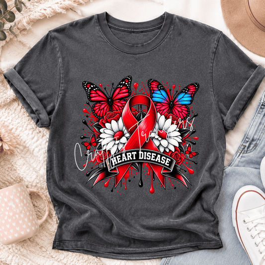 Heart Disease Awareness DTF Transfer – Red Awareness Ribbon Butterfly Floral Heart Health Design