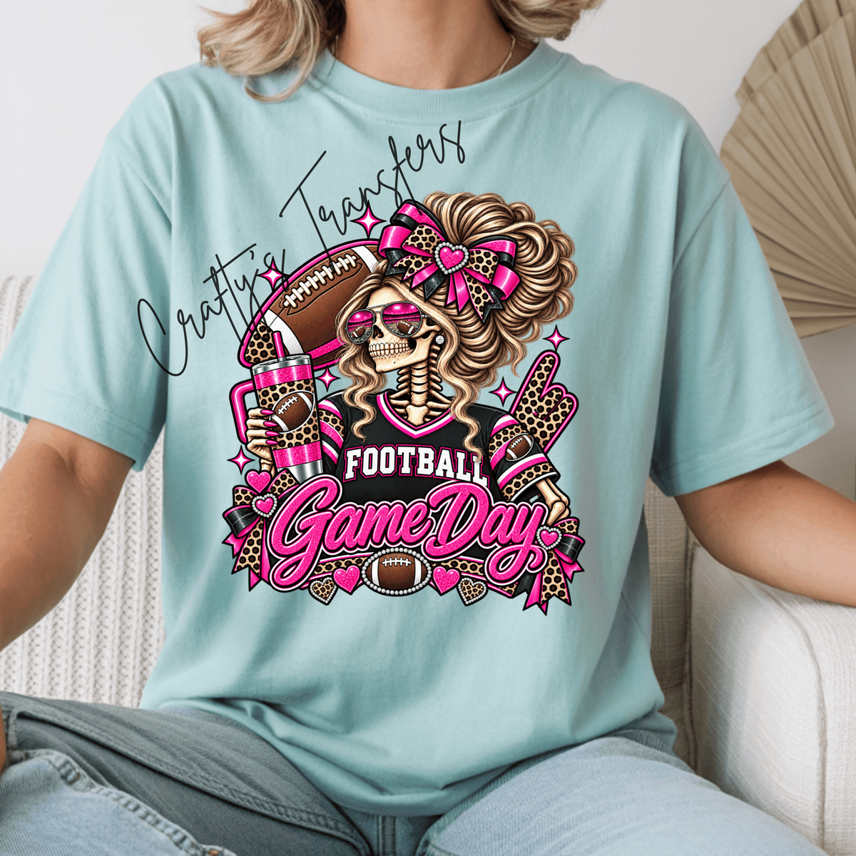Pink Game Day Skeleton DTF Transfer – Leopard Football Girl Sports Design