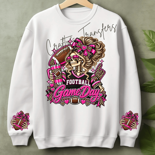 Pink Football Game Day Skeleton Girl DTF Transfer – Leopard Print Sports Shirt Design – Girly Football DTF