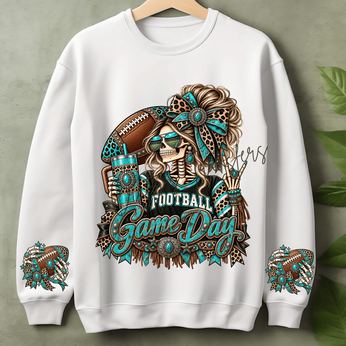 Western Football Game Day Skeleton Girl DTF Transfer – Turquoise Cheetah Print Game Day Shirt Design – Blonde or Brunette Option
