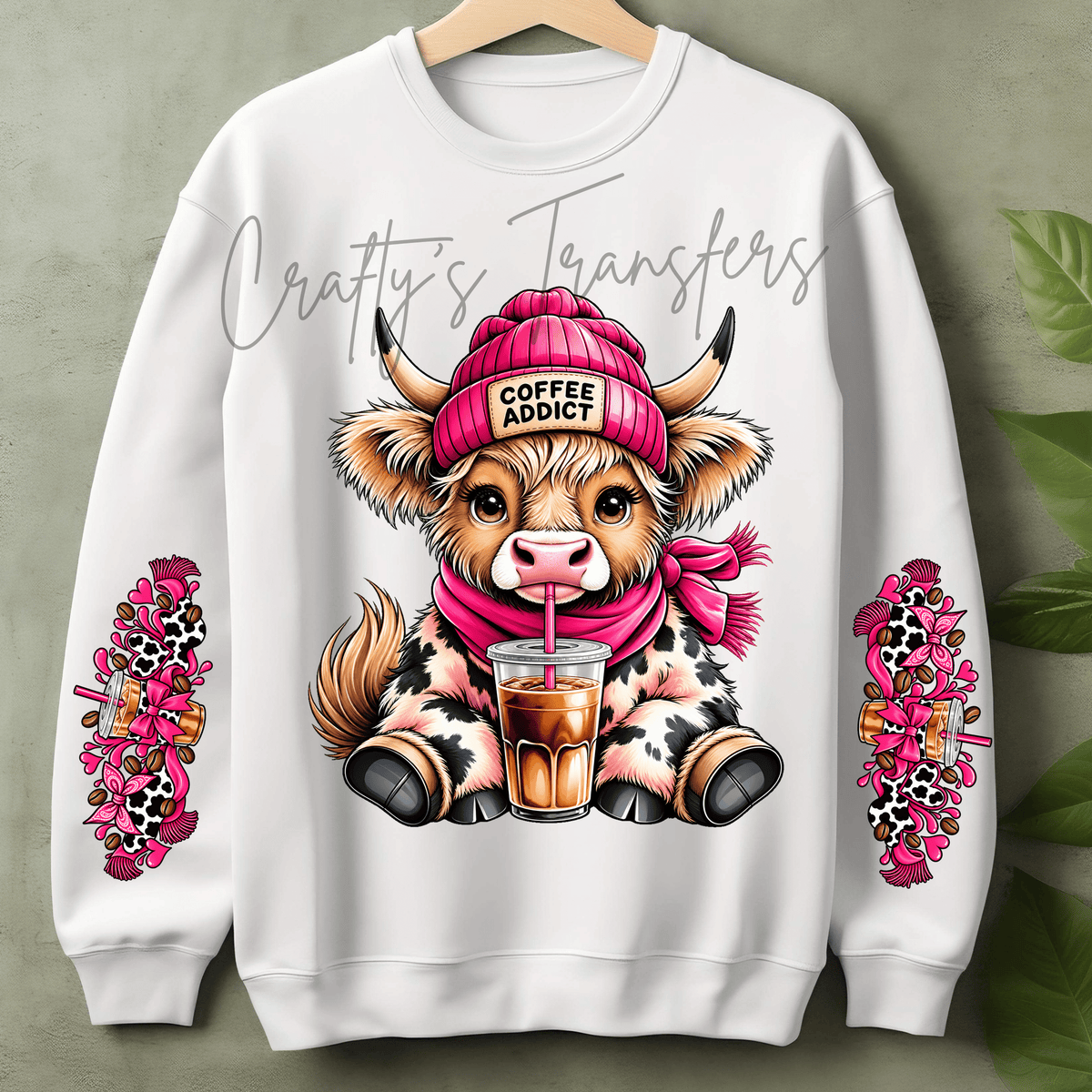 Coffee Addict Highland Cow DTF Transfer – Pink Cozy Cow & Iced Coffee Design