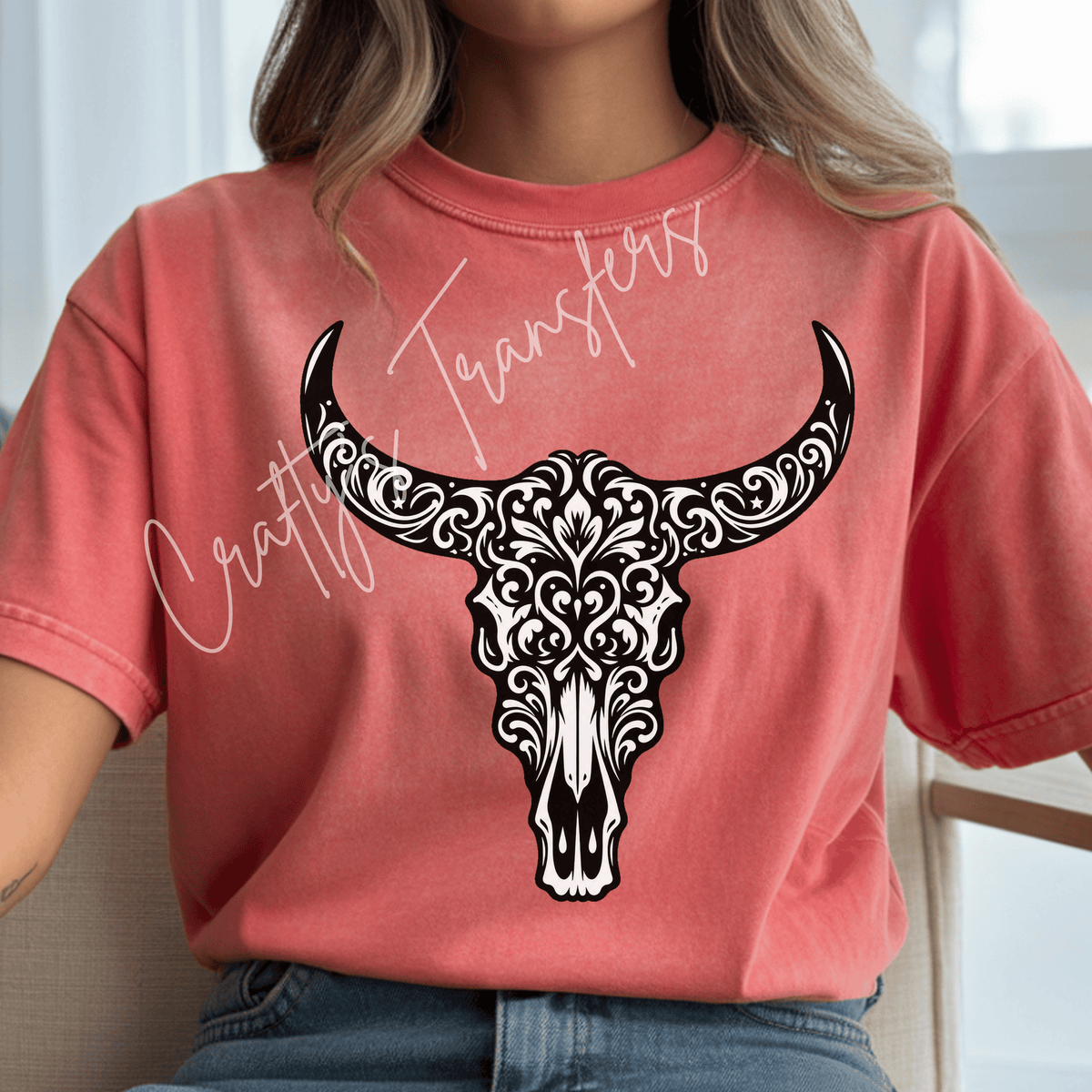 Ornate Longhorn Skull DTF Transfer – Western Steer Skull Tribal Floral Design