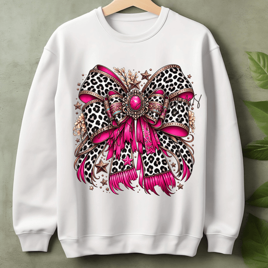 Pink Leopard Bow DTF Transfer – Western Jeweled Coquette Bow Design
